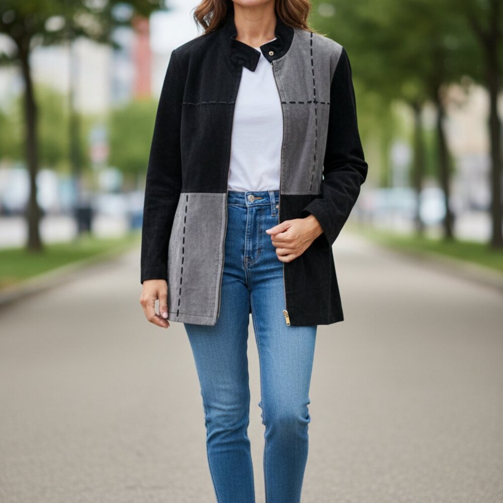 Terry Classics Luxury Black & Gray Patchwork Suede Jacket With Zip & Snap Closur